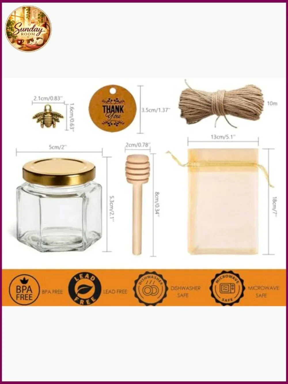 Mini Glass Honey Jars with Wood Dipper, Gold Lid, Bee Charms, 30 Pack